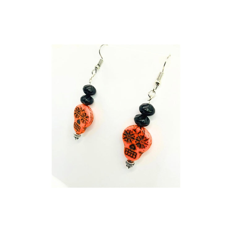 Orange and Black Sugar Skull Dangle Earring