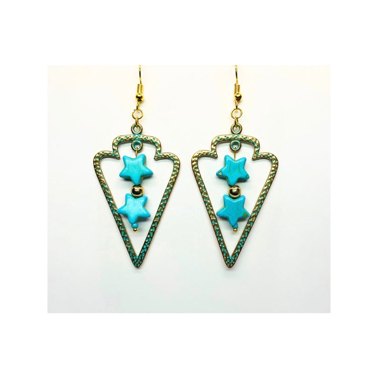 Patina Tarnished Arrowhead Dangle with Turquoise Star Charm Earrings