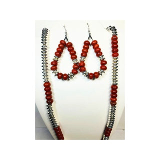 Silver and Brown Beaded Necklace with Teardrop Dangle Earring Set