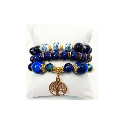 Blue and Gold Beaded Bracelet Set of Three with Tree of Life Charm