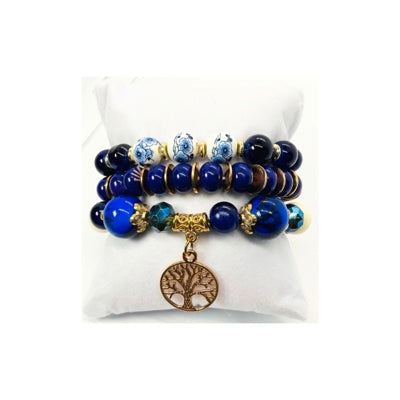 Blue and Gold Beaded Bracelet Set of Three with Tree of Life Charm