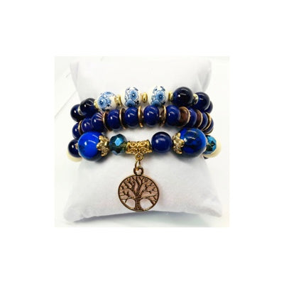 Blue and Gold Beaded Bracelet Set of Three with Tree of Life Charm