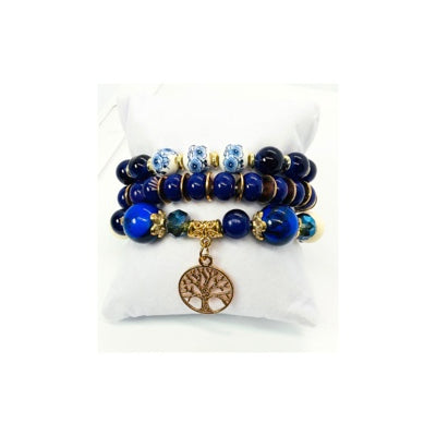Blue and Gold Beaded Bracelet Set of Three with Tree of Life Charm