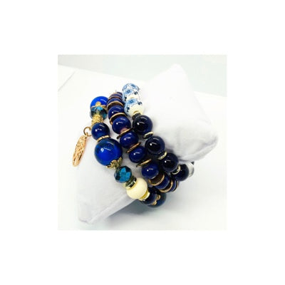Blue and Gold Beaded Bracelet Set of Three with Tree of Life Charm