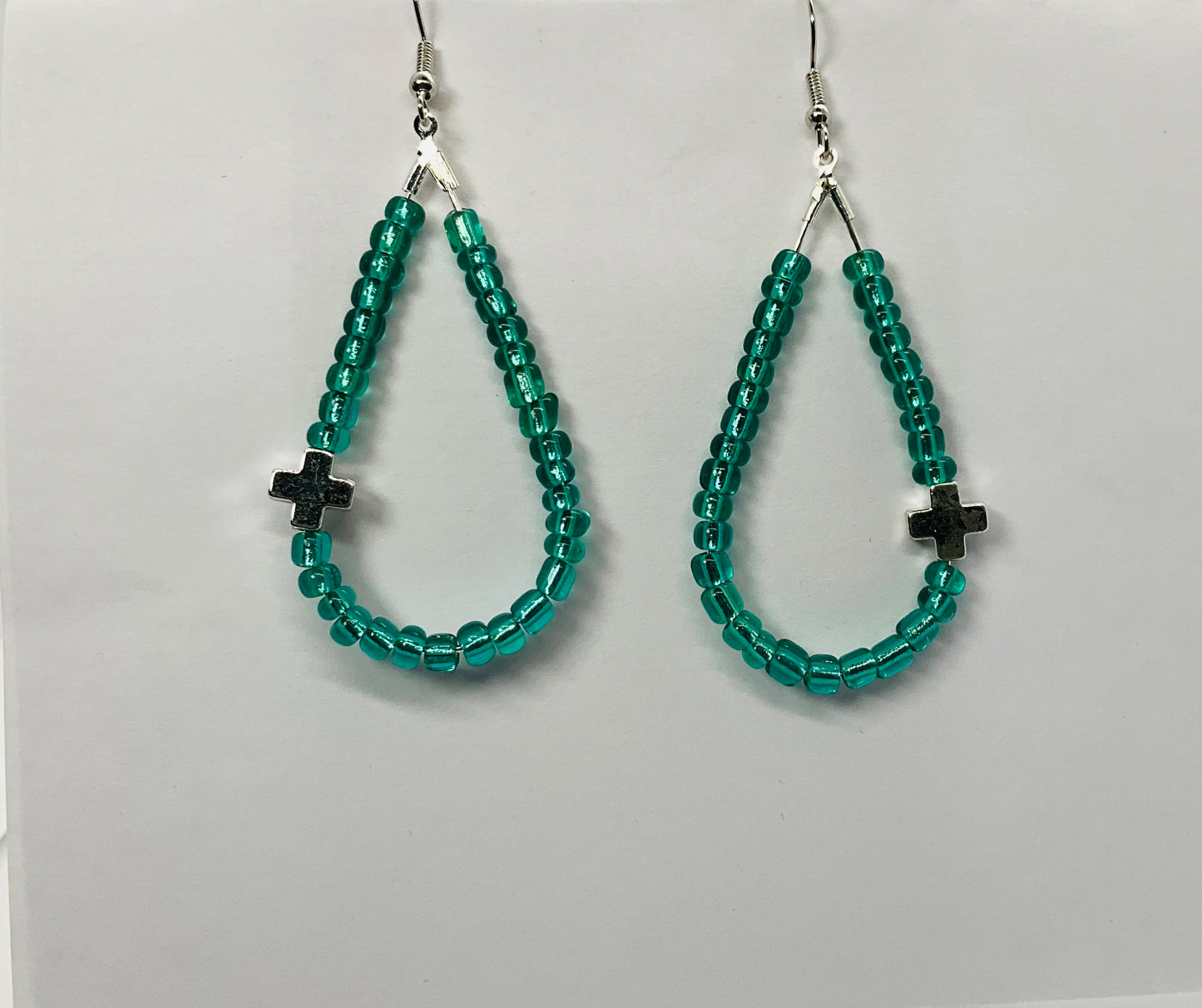 Teardrop Glass Turquoise Seed Beads with a Silver Cross