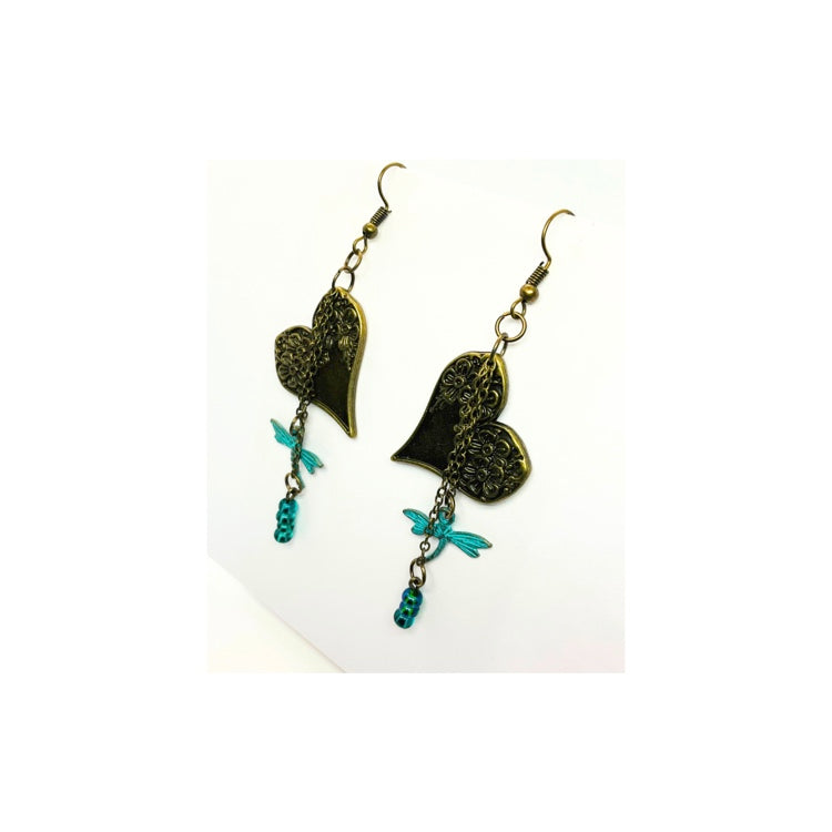 Vintage Heart Dangle Earrings with Turquoise Dragonfly Charm