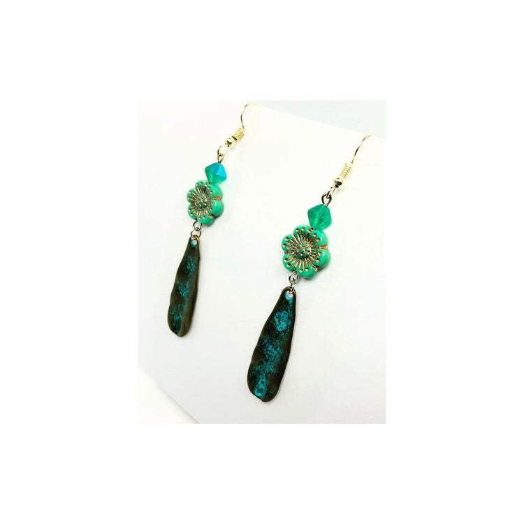 Patina Tarnished Metal with Turquoise Flower Dangle Earring