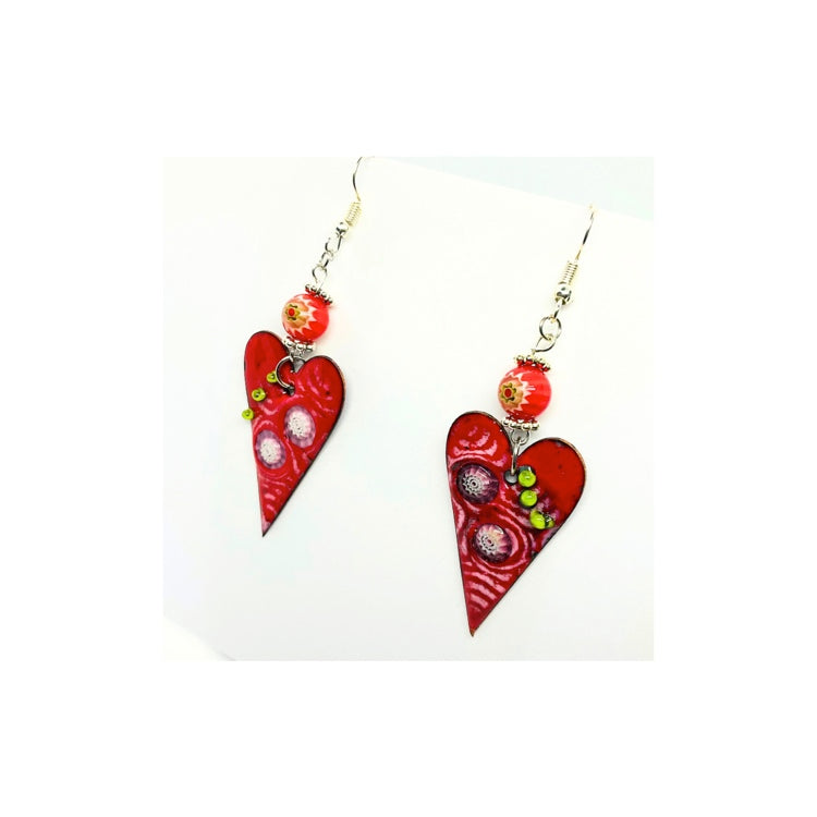 Whimsical Copper Enameled Red Heart Dangle Earrings