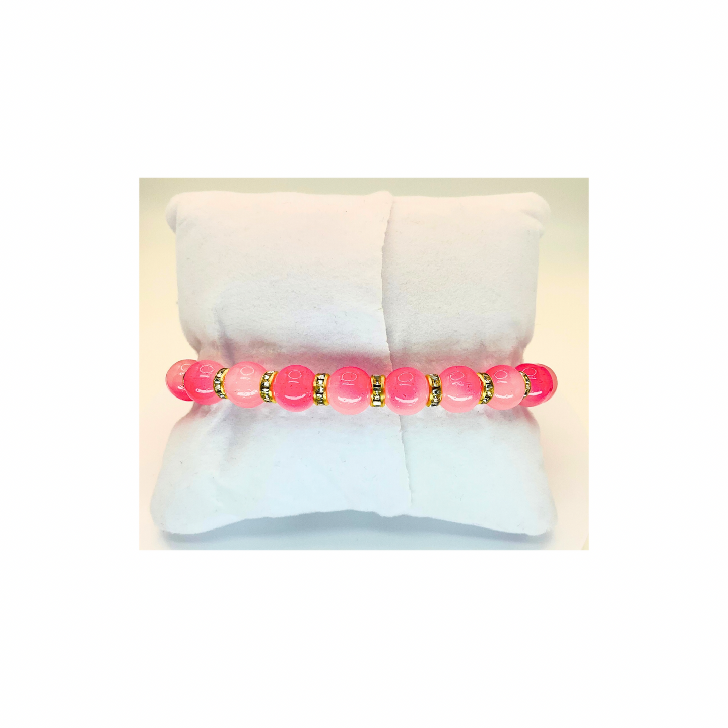 Pink Variegated Beads with Gold Rhinestone and Pink Cherry Charm Stretch Bracelet