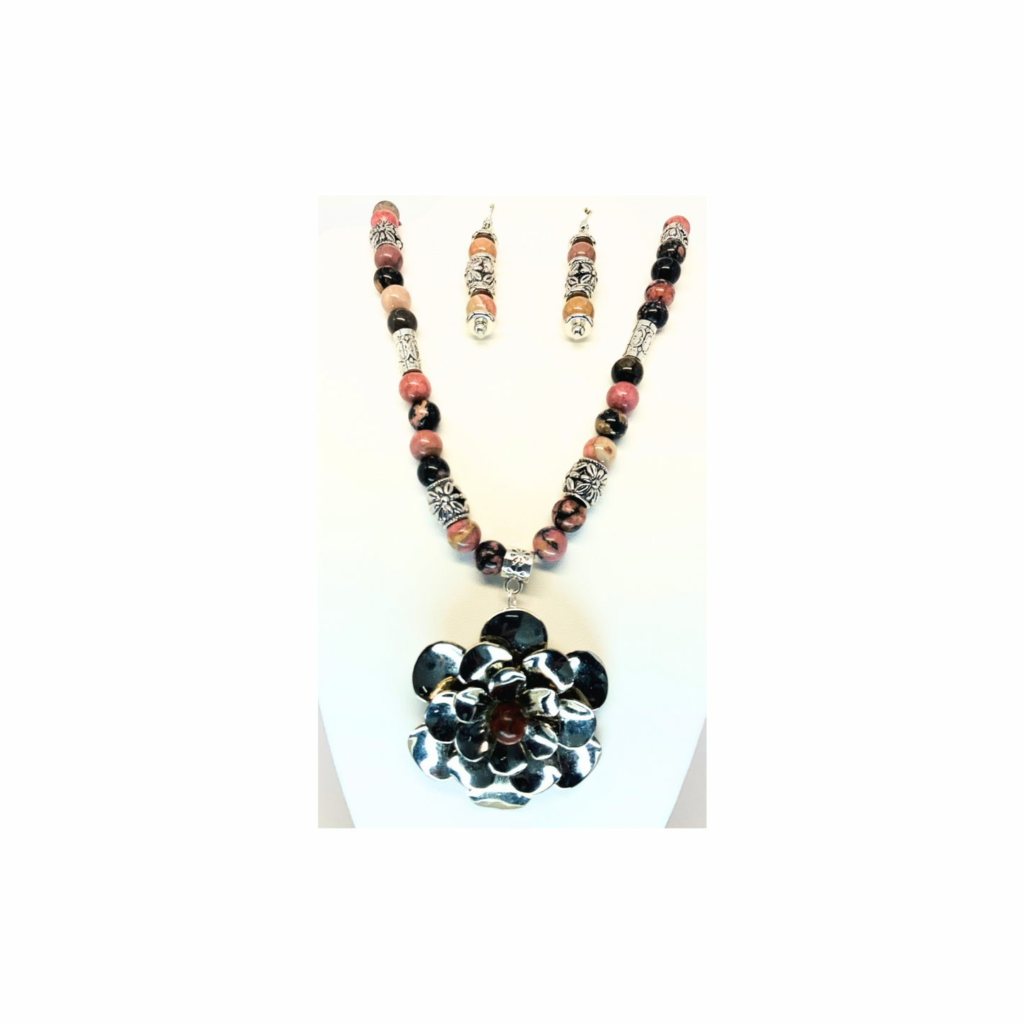 Rhodonite Beaded Necklace with Silver Flower-Crafting By BB