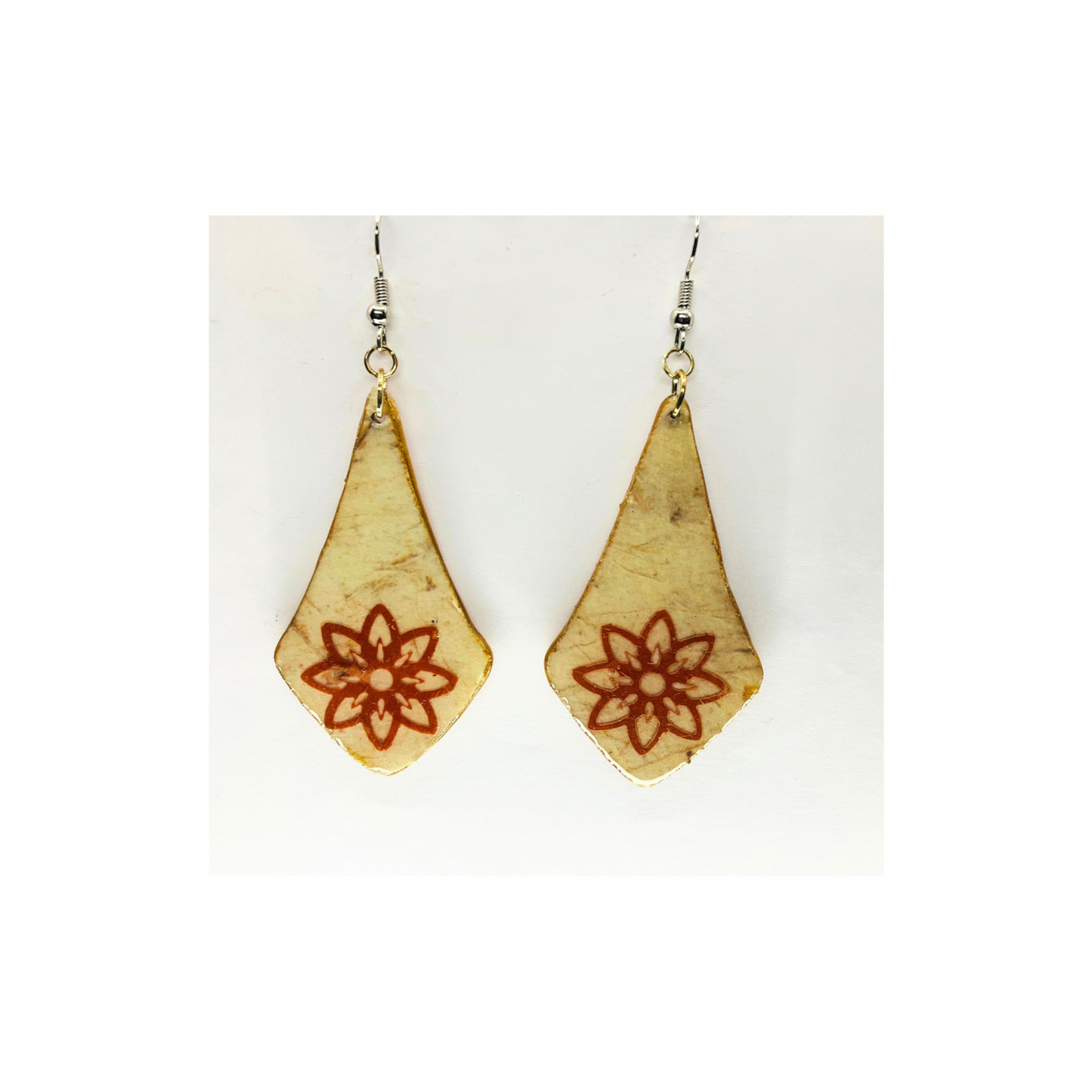 Wood Star Flower Dangle Earring Handmade UV Resin Silver Ear Wire Unique Design Handcrafted Wooden Cutout with Star Flower Embellishment