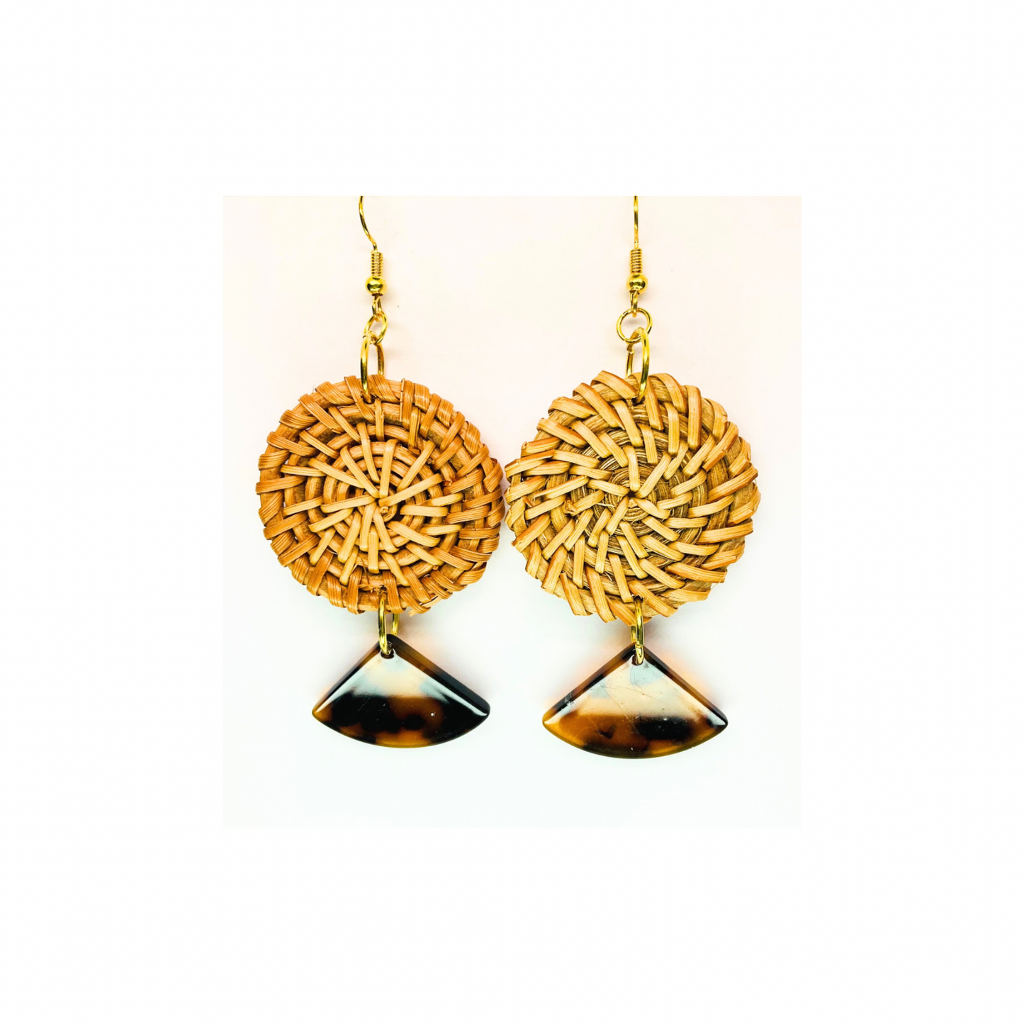 BOHO Collection Rattan Circle with Fan Tortoise Dangle Earrings - Unique Design & Natural Material Earrings