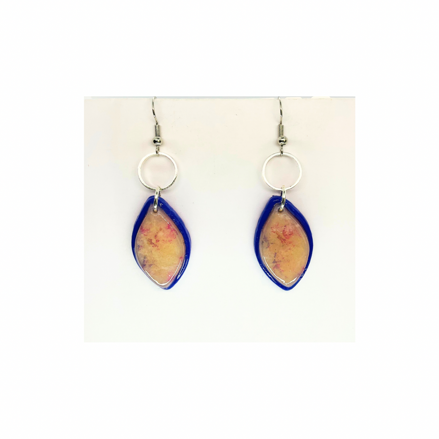 Purple Translucent Layered Dangle Earrings with Circular Silver Hooks and Colorful Design Elements