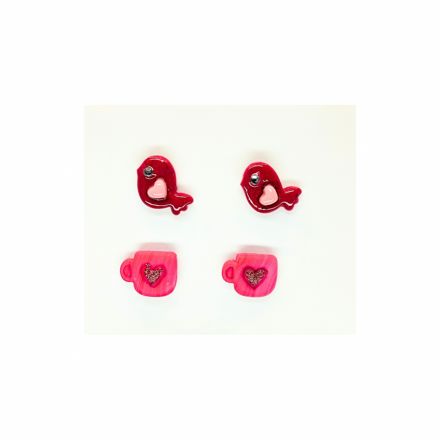 Pink Heart Birdie and Pink Cup Stud Earrings-Crafting By BB