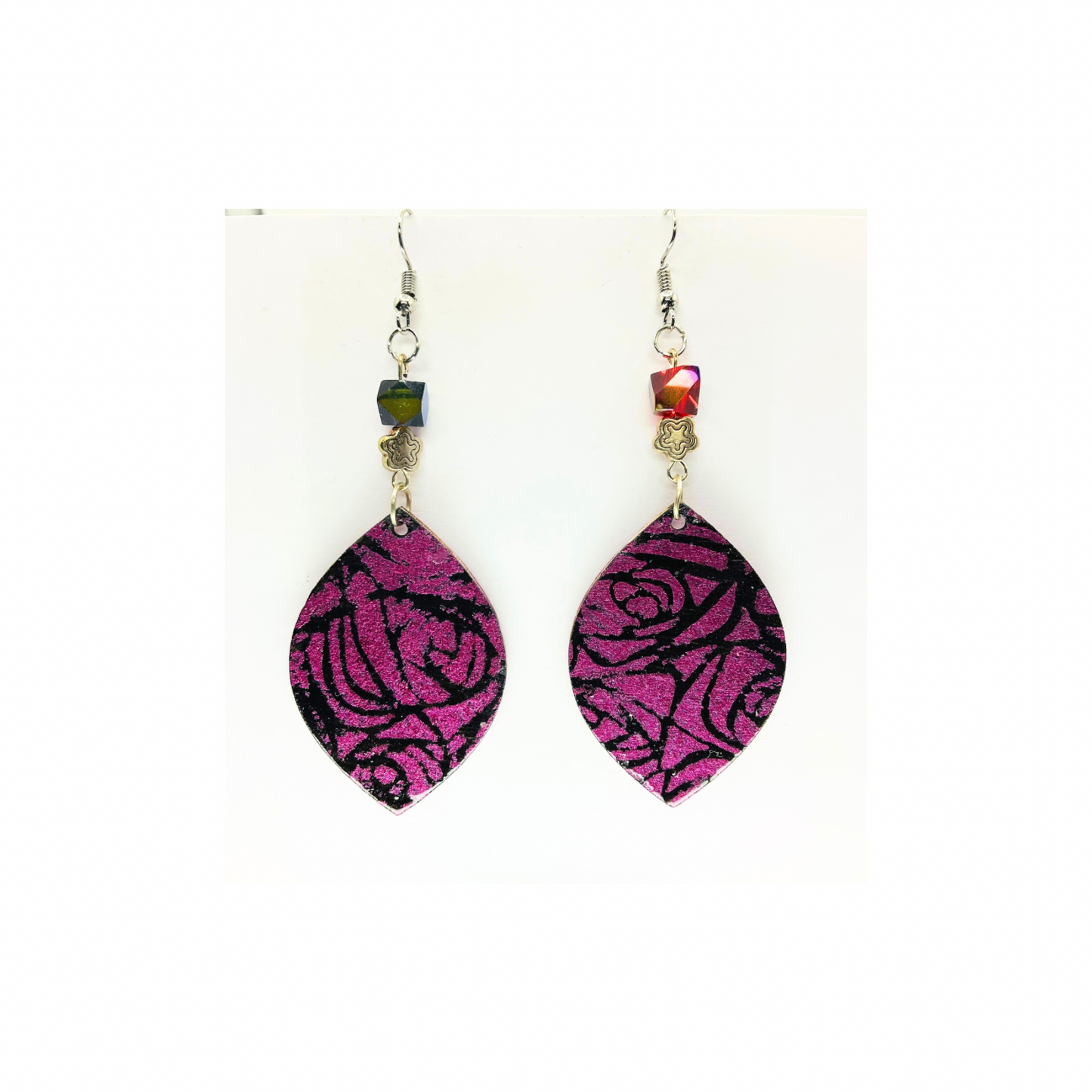 Iridescent Fuchsia Rose Dangle Earrings with Silver Flower
