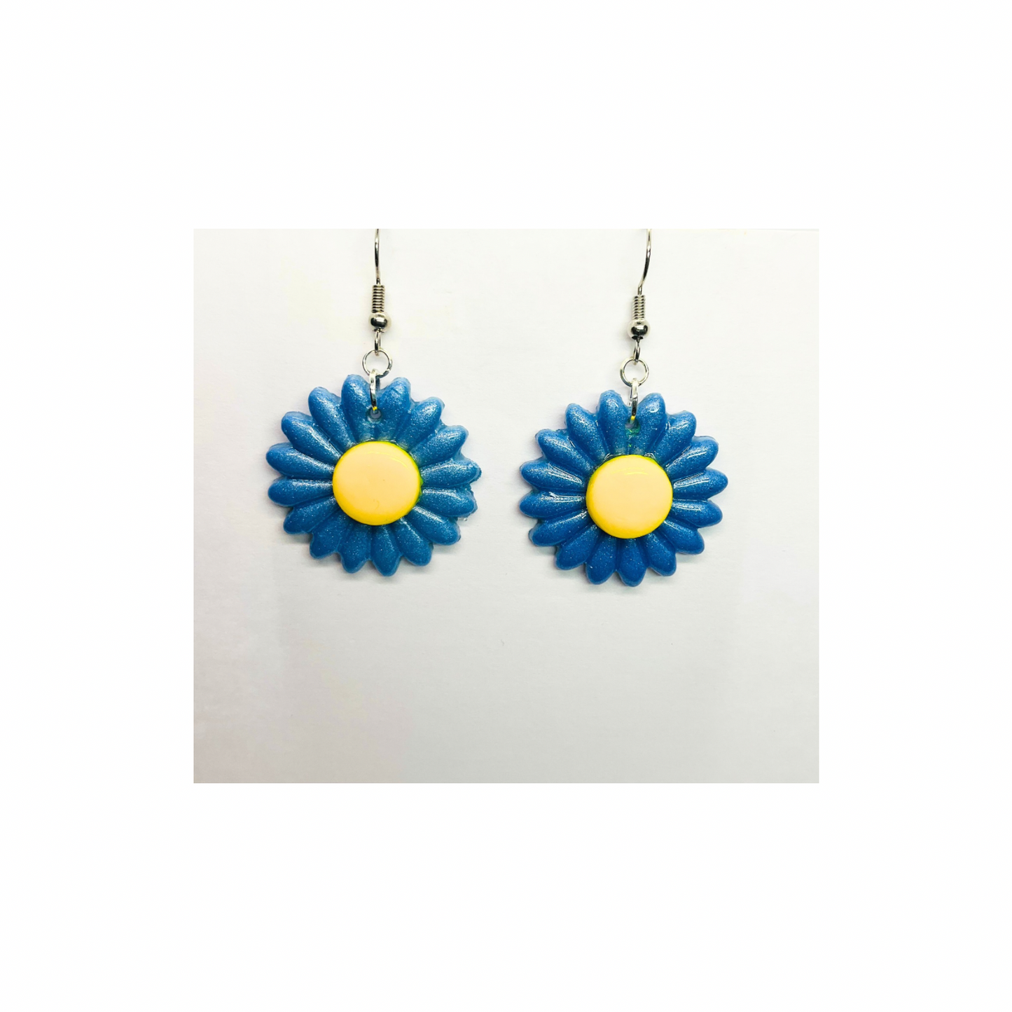 Blue Sunflower Dangle Earring with a Yellow Center