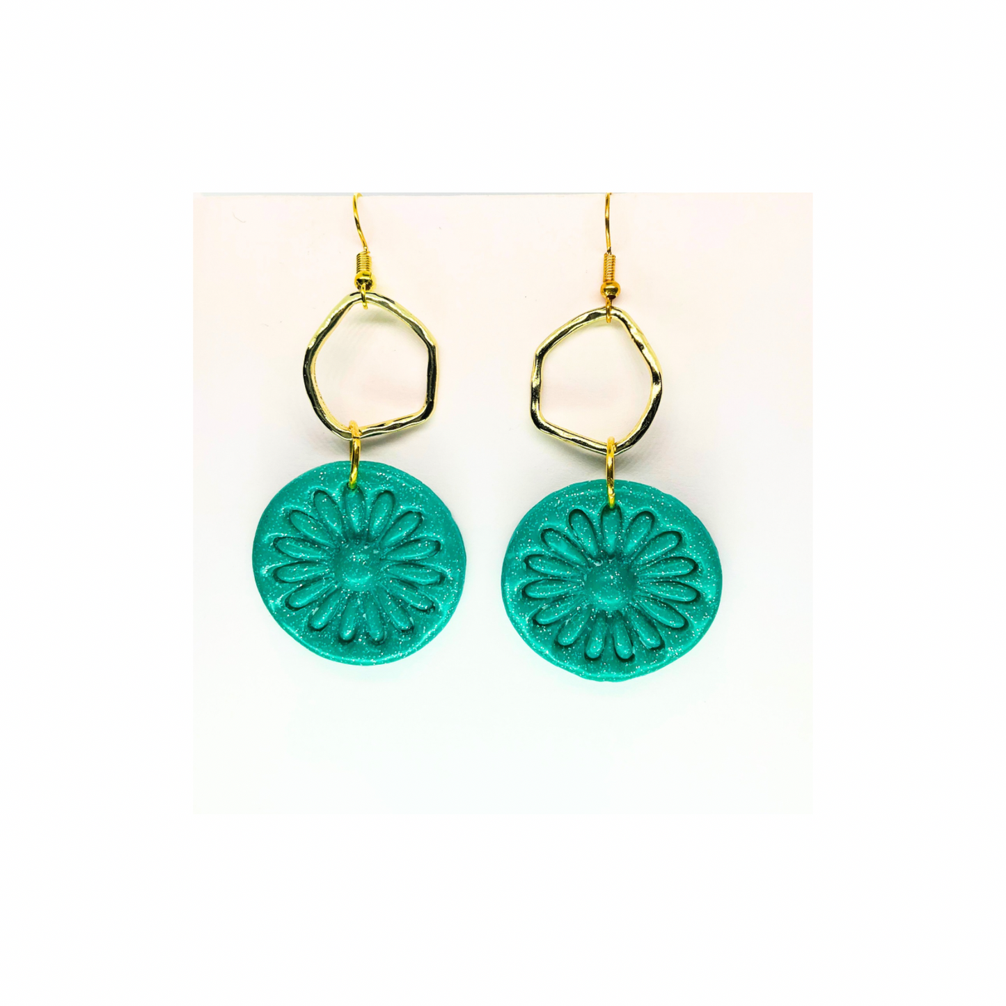 Teal Green Sparkle Circle with Gold Accent Dangle Earrings - Teal Color Floral Design Jewelry Accessory