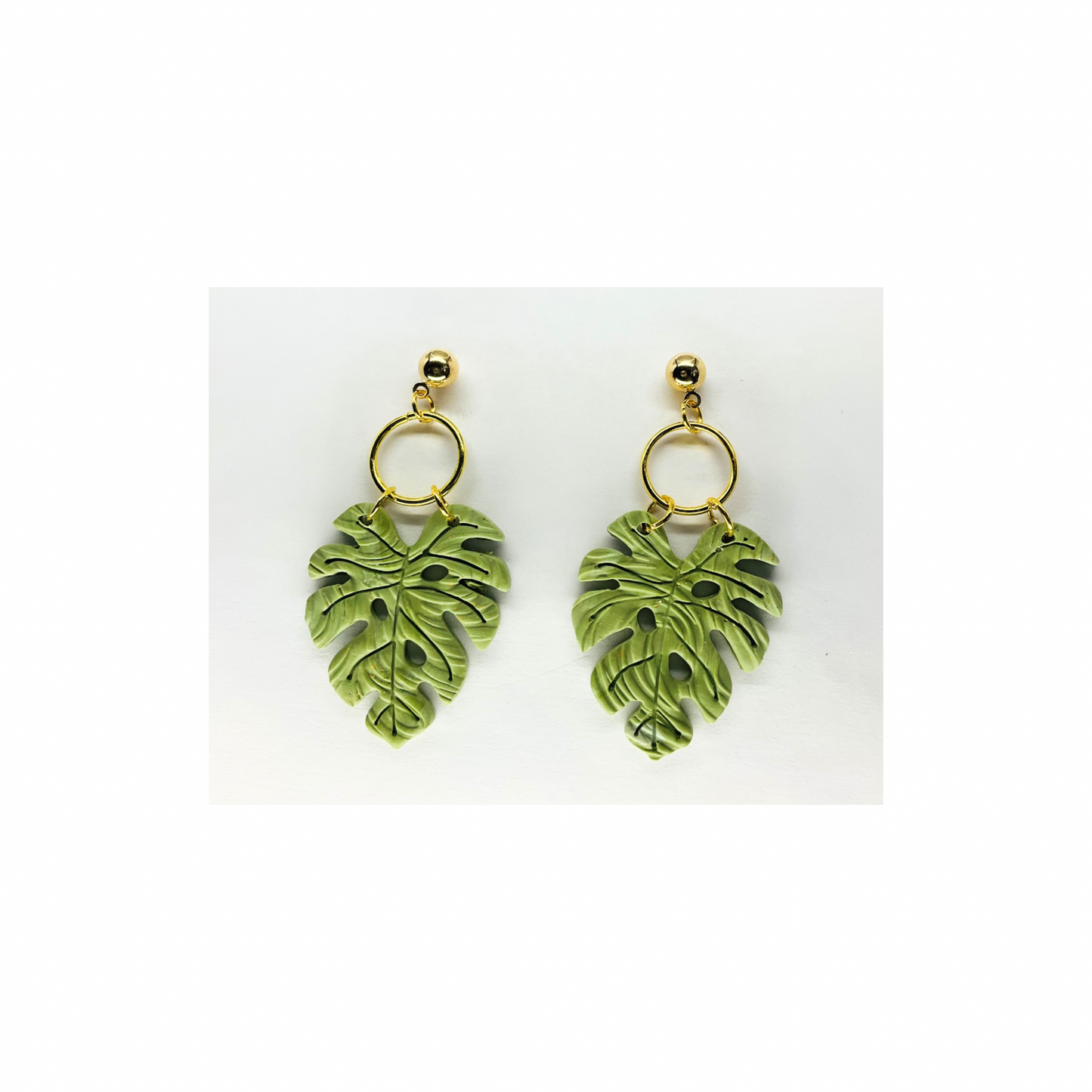 Green Leaf Dangle with Gold Ball Stud Earring-Crafting By BB