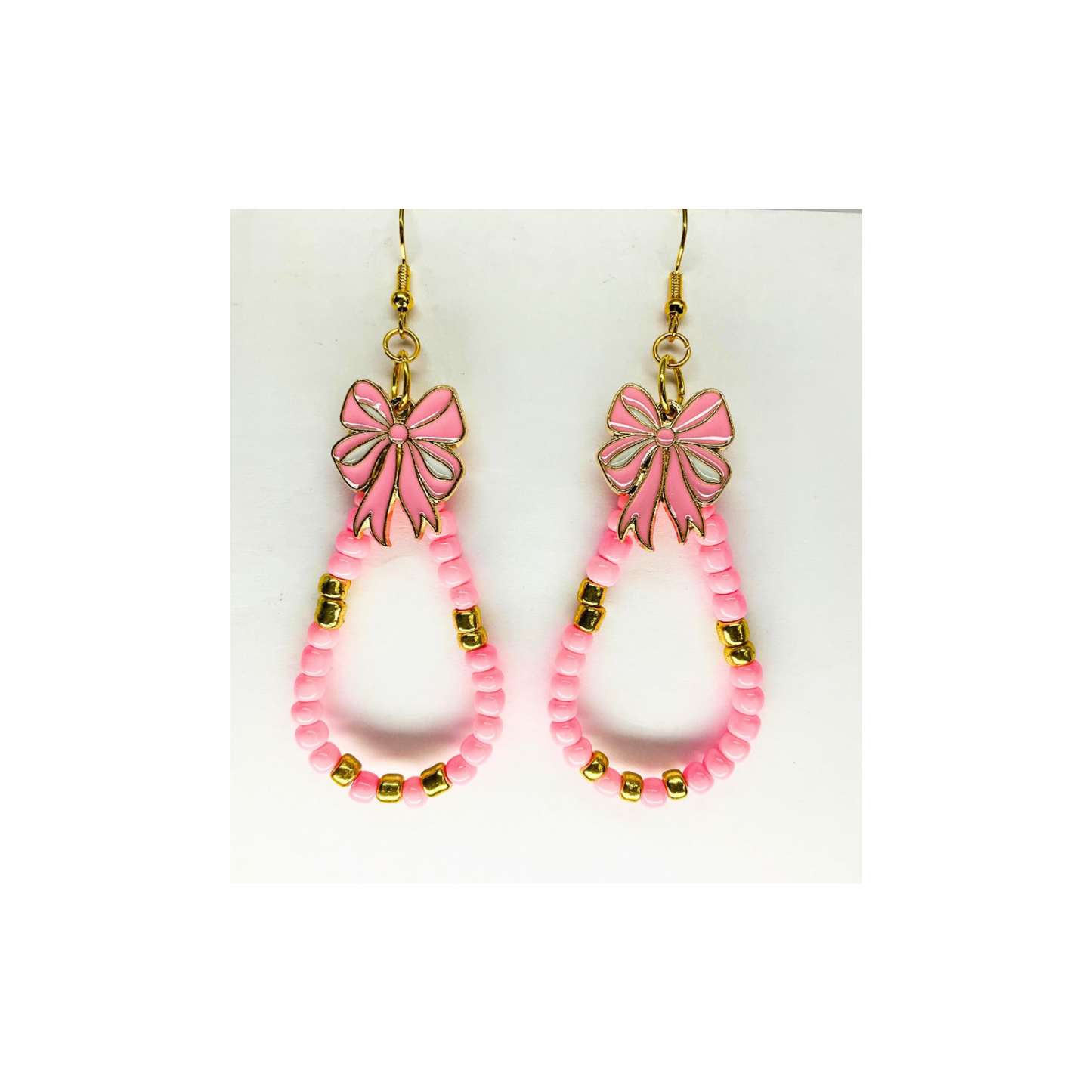 Pink and Gold Teardrop Beaded Dangle with Pink Bow Charm Earrings