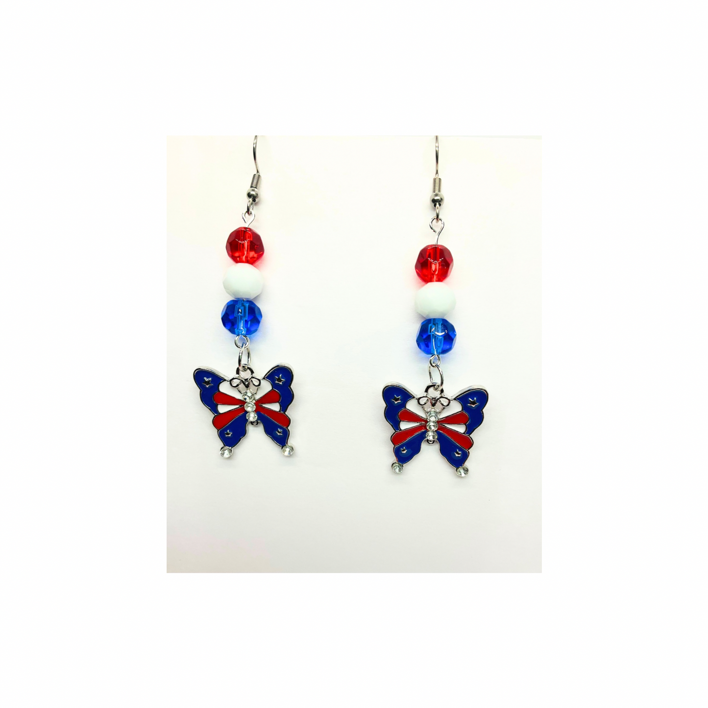 Patriotic Collection Butterfly Charm with Bead Dangle Earrings - Elegant Red White Blue Beads & Patriotic Butterfly Design for Women