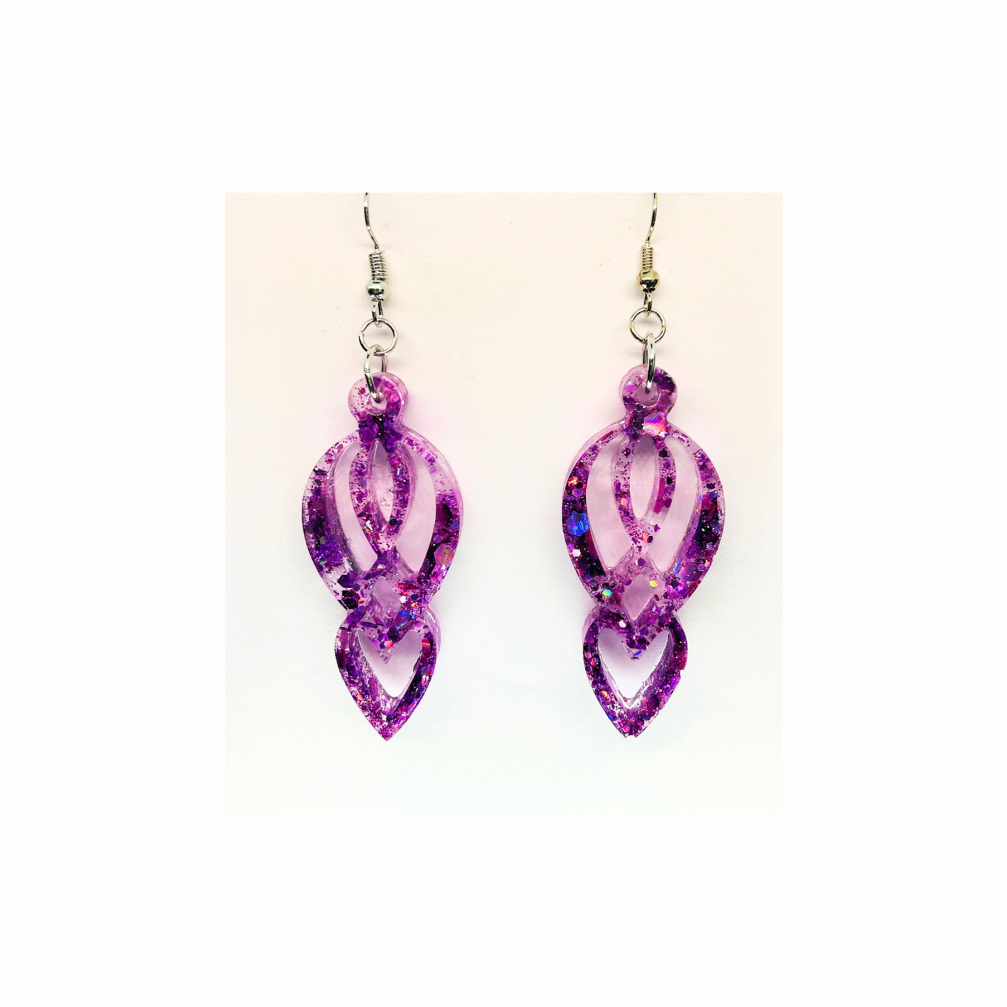 Purple Glitter Filigree Heart Inside Heart Drop Earrings with Silver Wire Carrier Sparkling Holographic Design