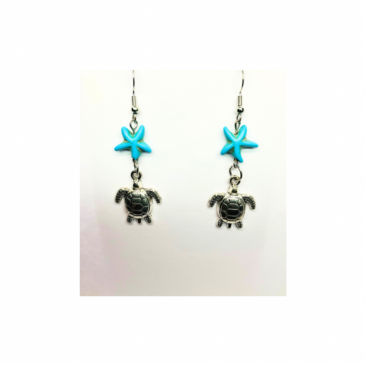 Ocean Collection Silver Turtle with Starfish Dangle Earring - Blue Starfish Accents