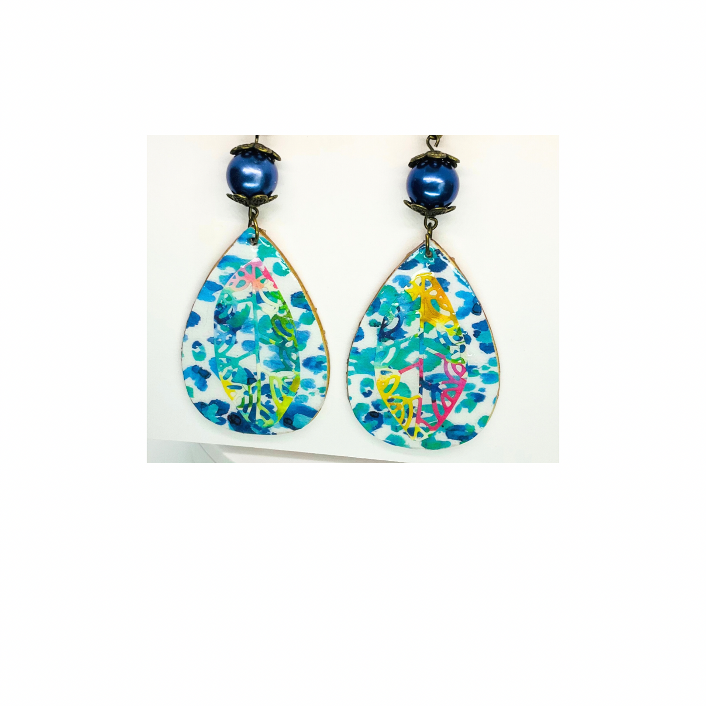 Boho Floral Teardrop Earrings Handmade Wood & Decoupage Layered Flower Cardstock Pearl Blue Bead Bronze Accents Boho Style Jewelry
