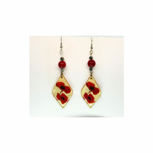 French Garden Collection Wood Diamond Shape with Red Flowers and Red Bead Dangle Earrings