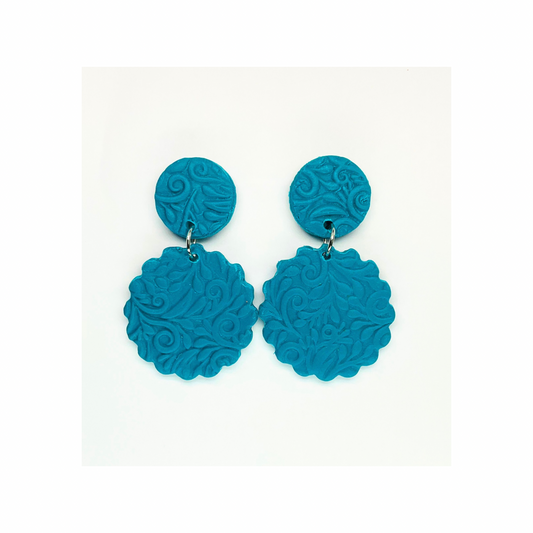 Crystal Teal Textured Circle Stud Dangle Earrings with Intricate Floral Design for Women's Fashion