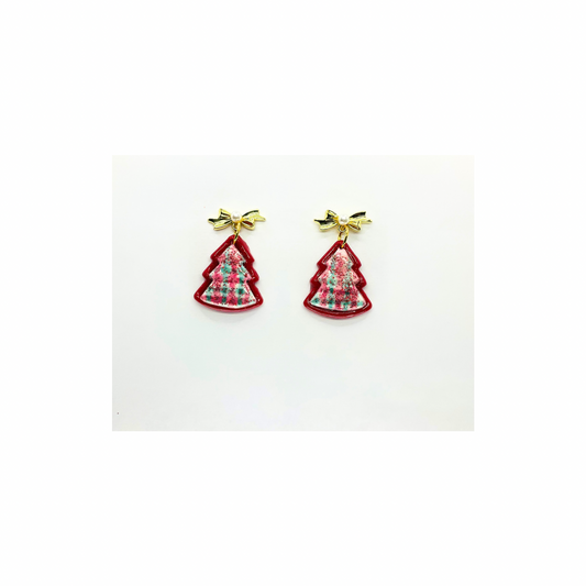 Sparkly Red Plaid Tree Dangle Earrings with Gold Bow Studs