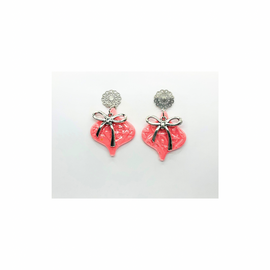 Pink Ornament Earrings with Silver Bow & Filigree Stud Dangle for Women Elegant Design Versatile Style Comfortable Wear