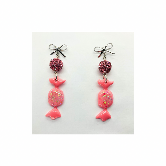 Pink Wrapped Candy Earrings with Sparkle Bead & Silver Stud Bow Dangle for Festive Wear