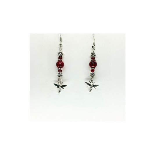 Red Crystal Glass Bead Dangle with Silver Dragonfly