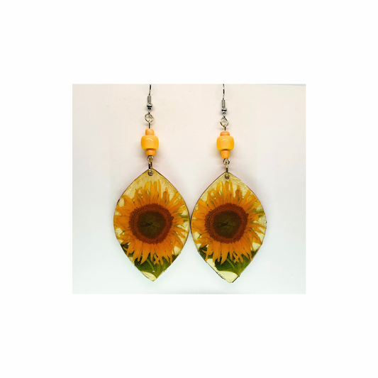 French Garden Collection Teardrop Wood Sunflower Dangle Earring with Yellow Beads and Silver Hooks