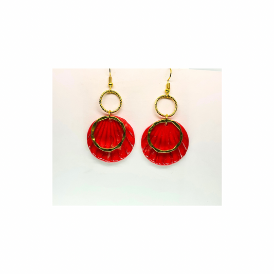 Christmas in July Collection Round with Gold Round Accent Dangle Earrings Red Translucent Design