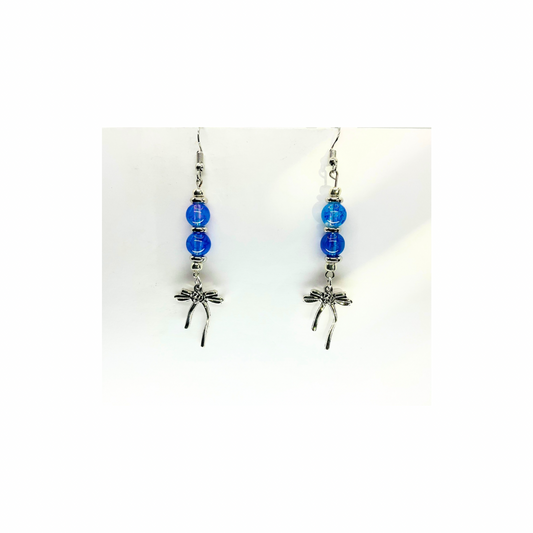 Blue Crystal Glass Bead Dangle Earrings with Silver Bow