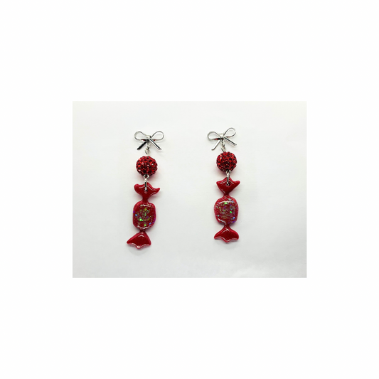 Red Wrapped Candy Earrings with Sparkle Beads and Silver Bow Studs Dangle Design for Festive Wear