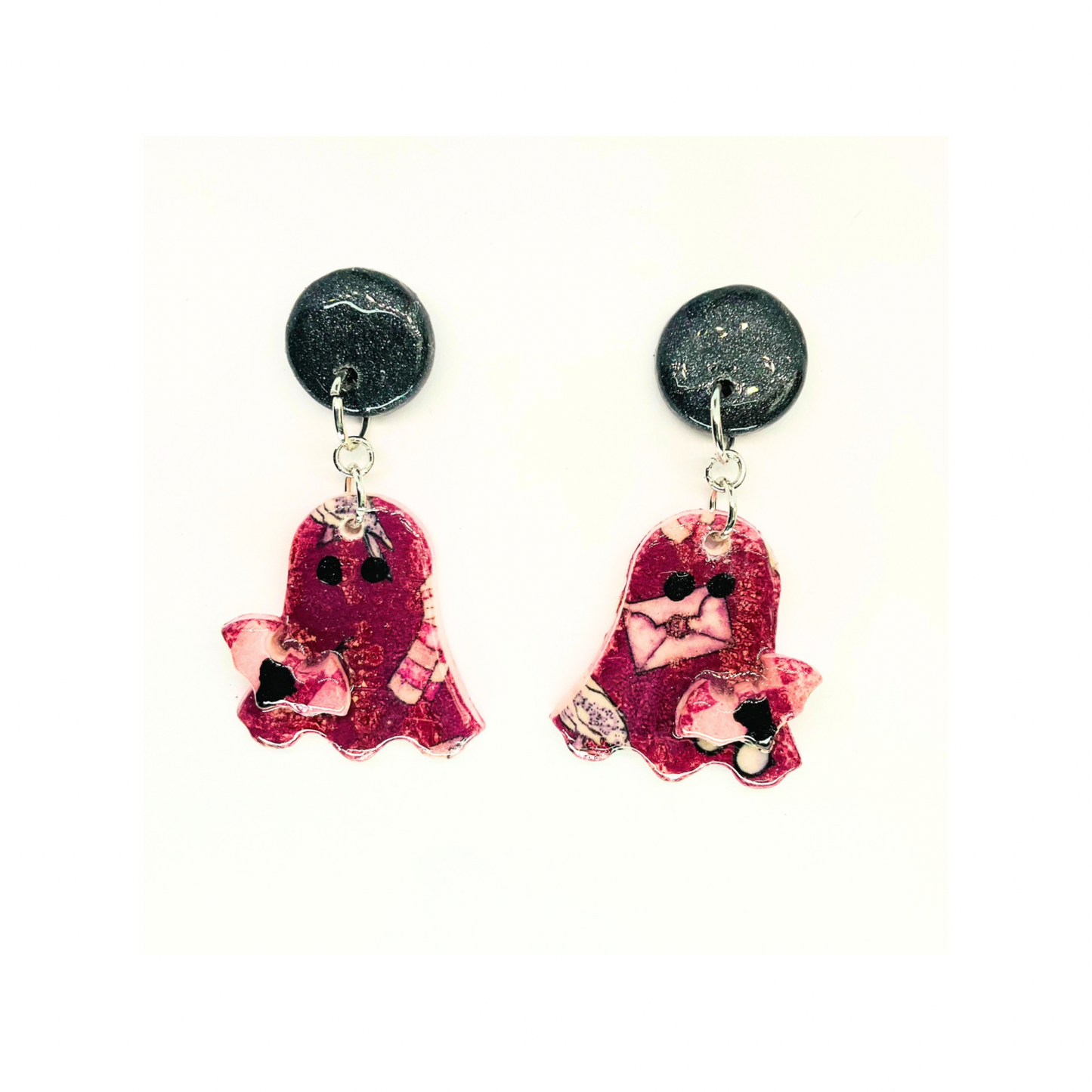 Wizard Collection Ghost Dangle with Bat Stud Earrings for Female - Pink Design with Bat