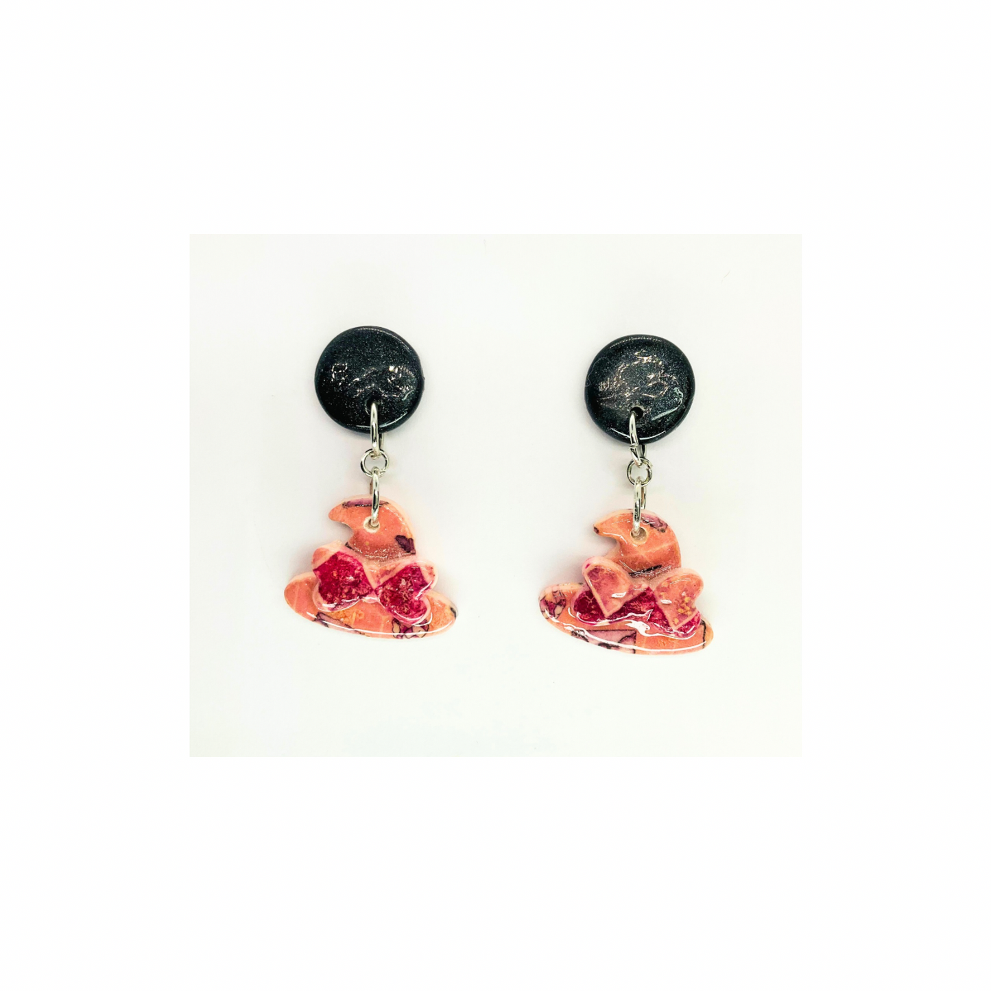 Wizard Collection Pink and Black Witch Hat Dangle Earrings with Unique Design Elements