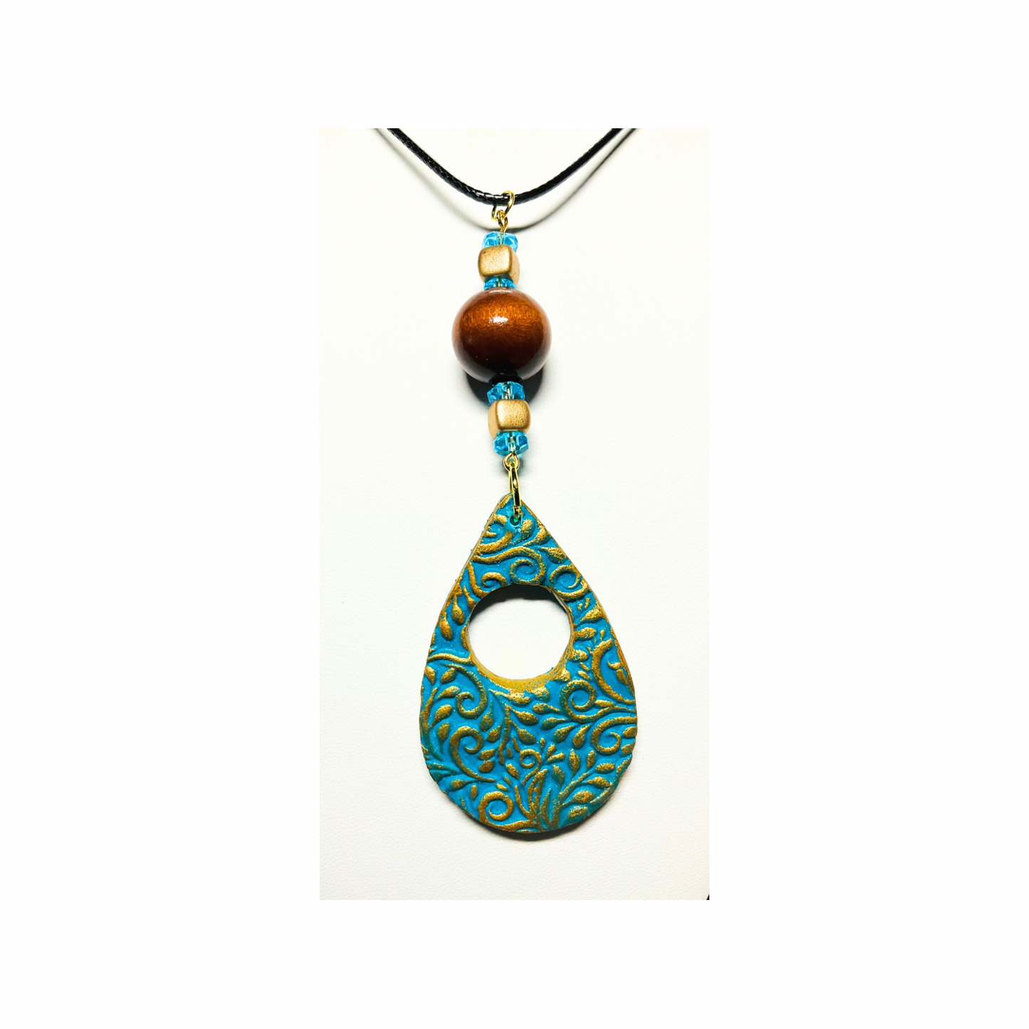 Turquoise and Gold Teardrop Pendant Beaded 18-inch PU Leather Necklace with Intricate Design and Beads