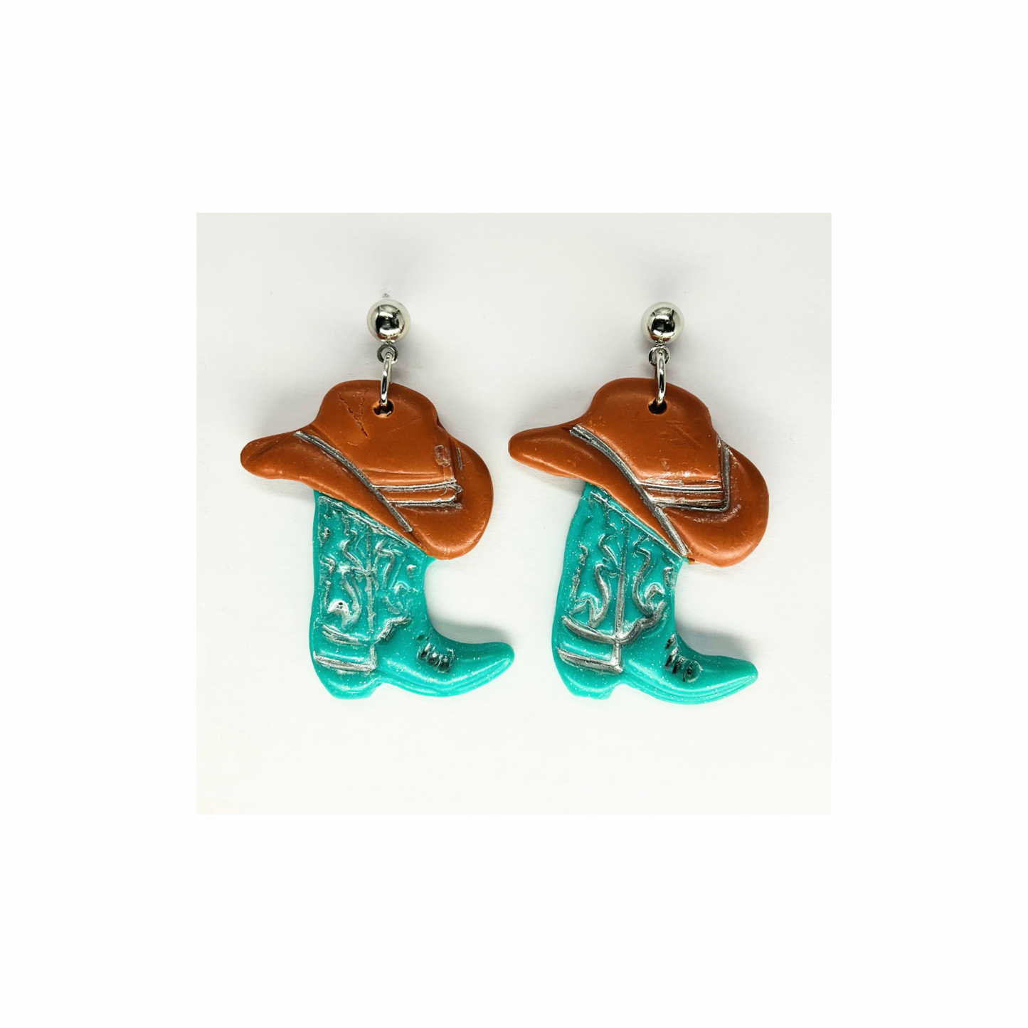 Turquoise Boots and Brown Hat with Silver Ball Stud Dangle Earrings-Crafting By BB