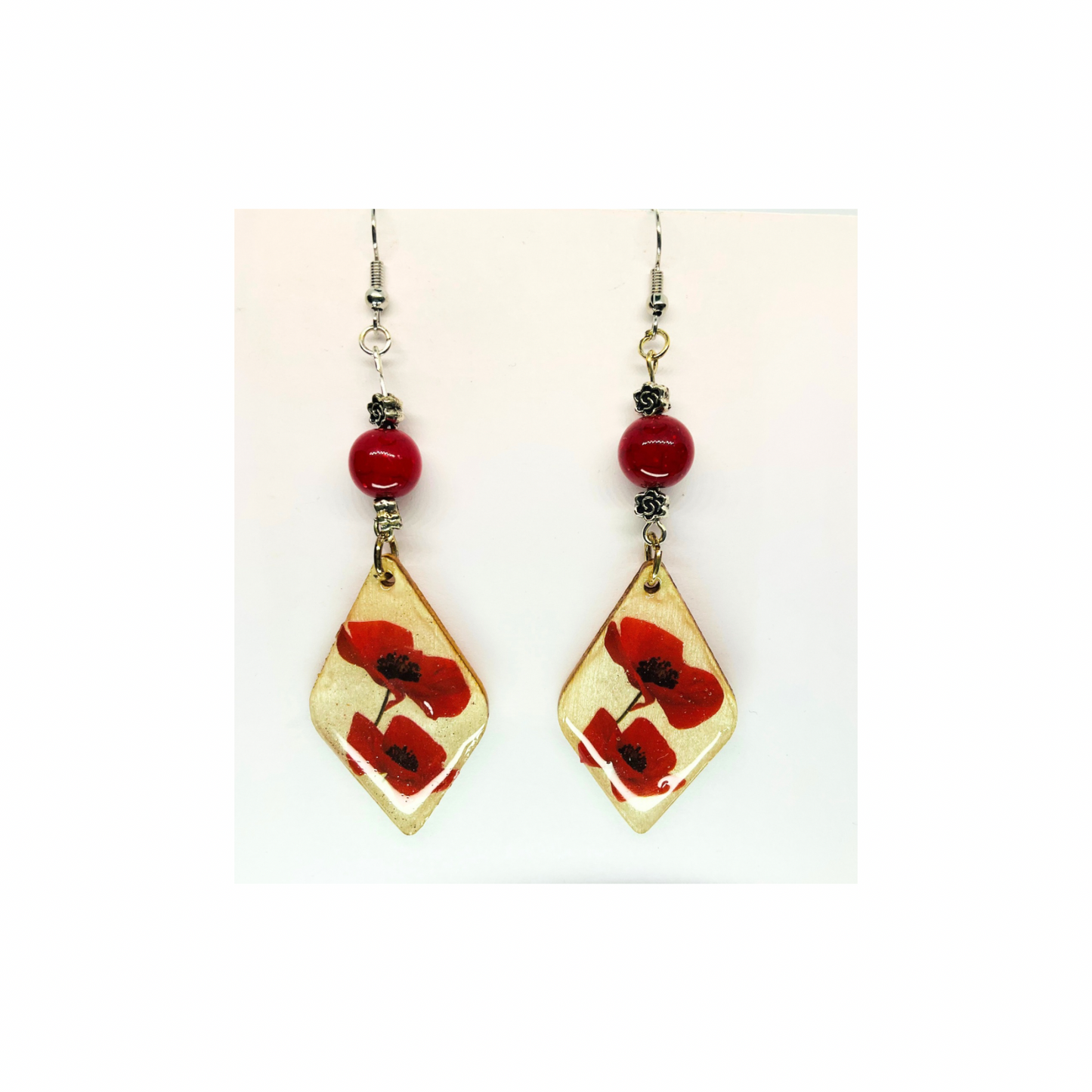 French Garden Collection Wood Diamond Shape with Red Flowers and Red Bead Dangle Earrings