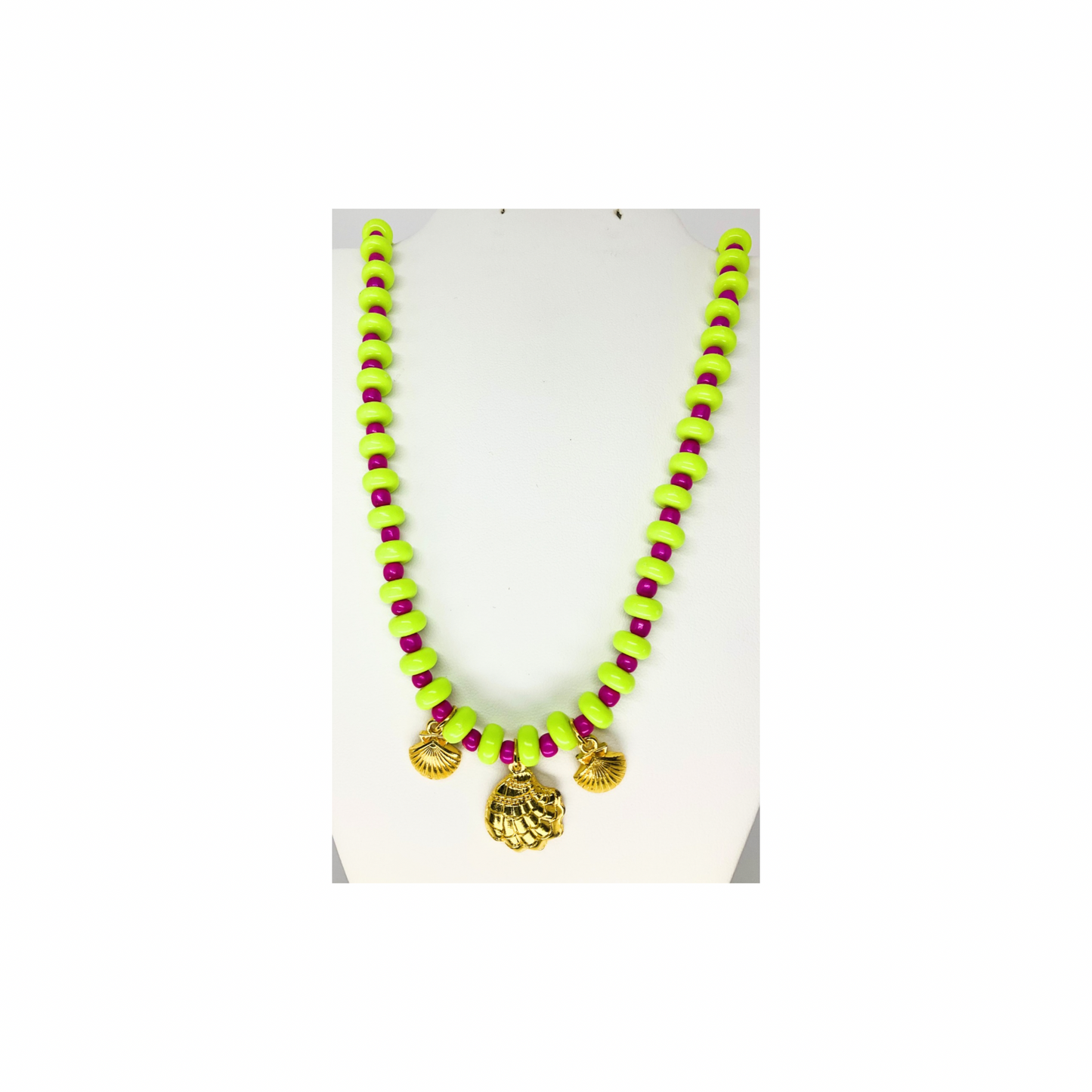 Lime Green and Hot Pink Beaded Necklace with Gold Shell Charms | 18-inch | Crafting By BB