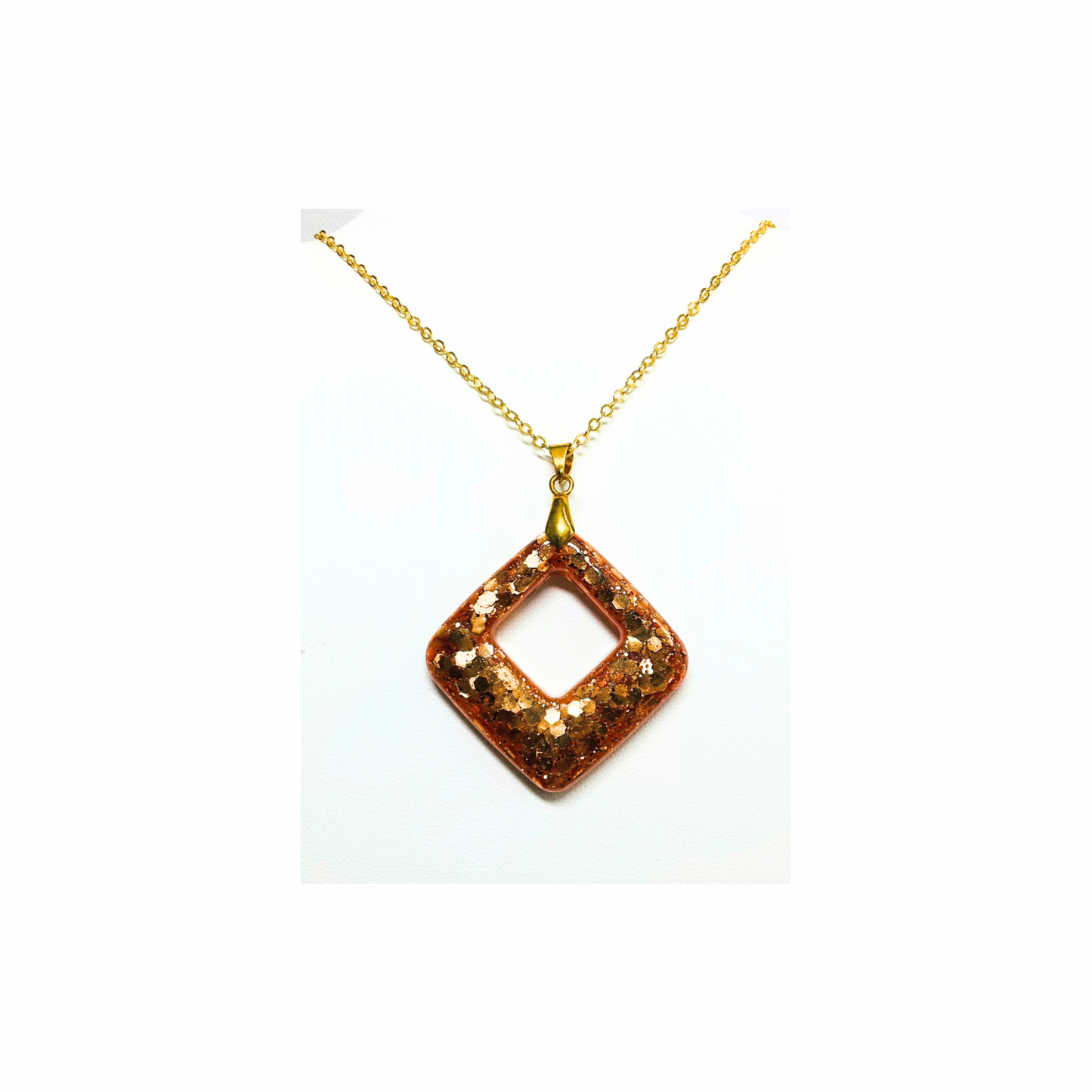 Copper Sparkle Square Resin Pendant Necklace with Gold Bail & 18-inch Chain Handmade Unique Style Jewelry