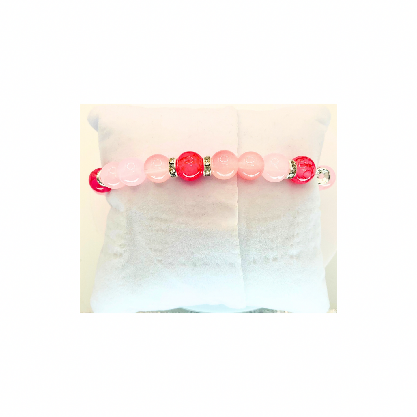 Pink and Silver Beaded Stretch Bracelet with Silver Bow Charm-Crafting By BB