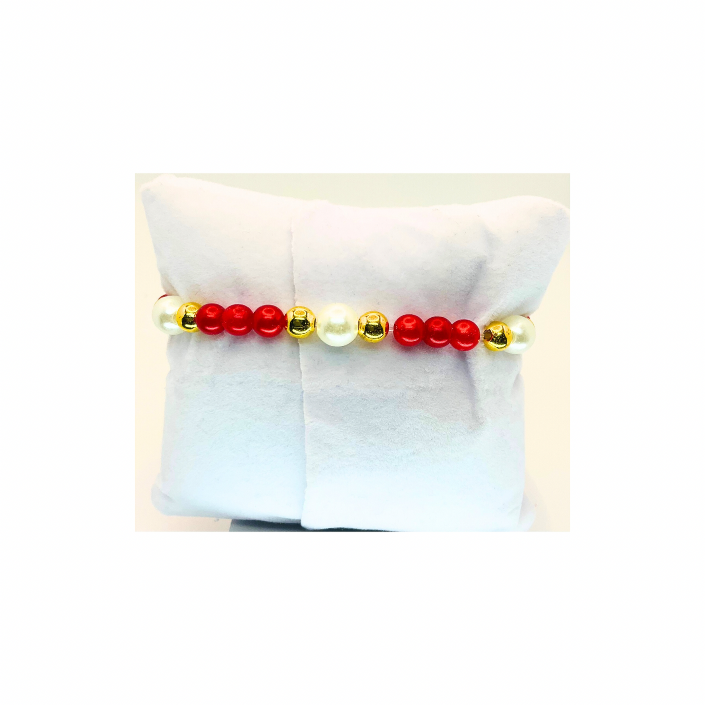 Red and Pearl Beaded Stretch Bracelet with Ladybug charm-Crafting By BB