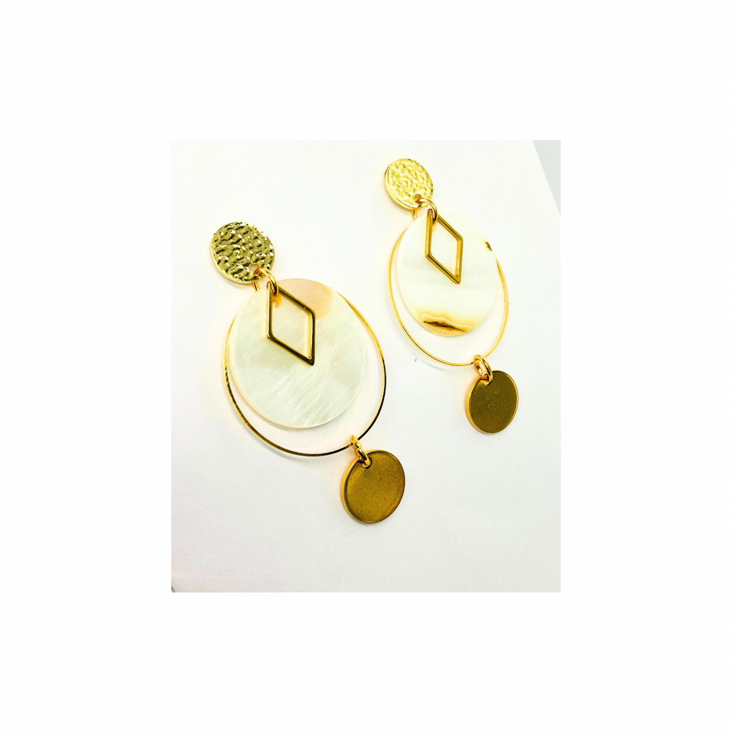 Spot Cream and Gold Collection Dangle Earrings for Female with Geometric Design and Circular Elements