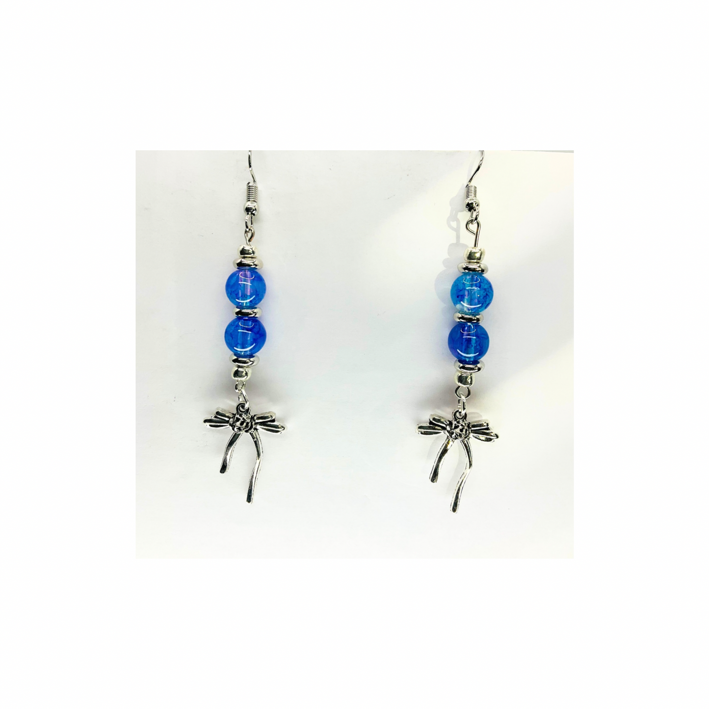 Blue Crystal Glass Bead Dangle Earrings with Silver Bow