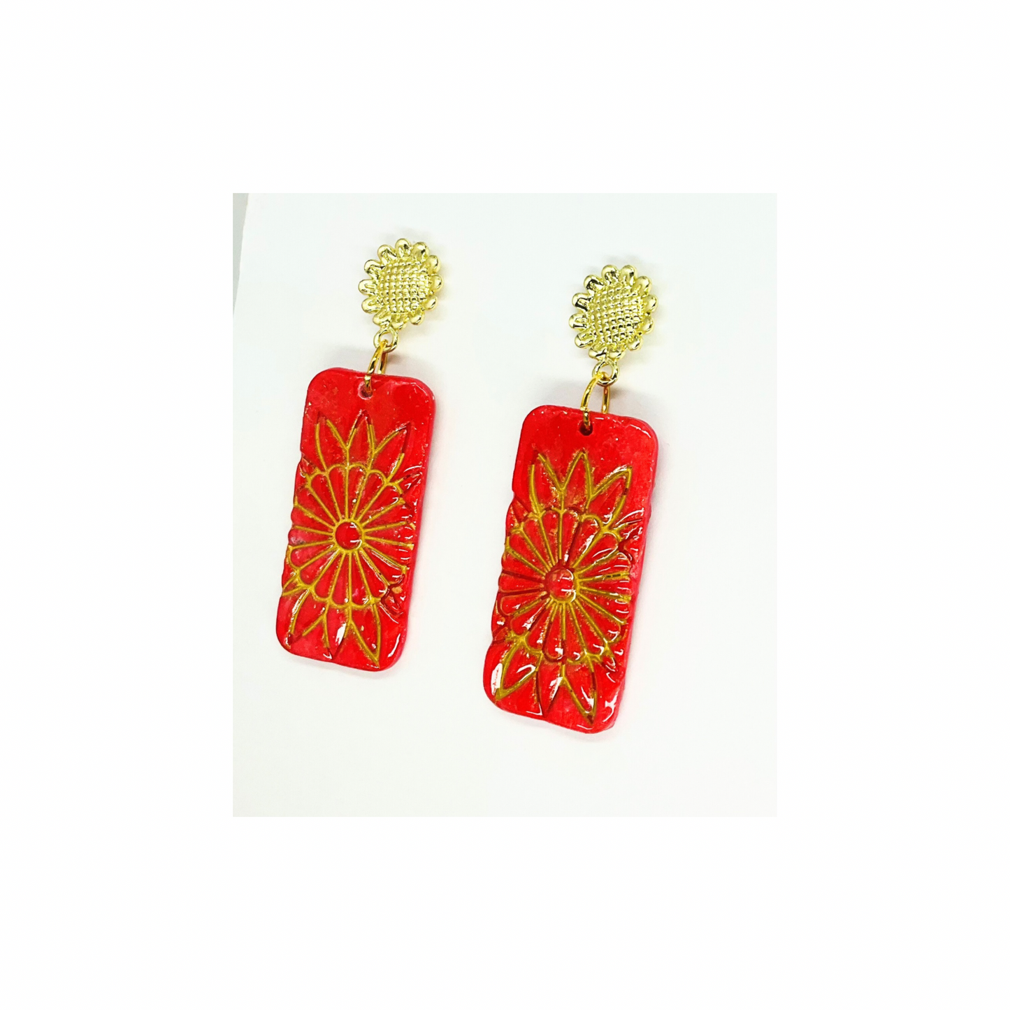 Red and Gold Rectangle Flower Dangle with Gold Stud Earring-Crafting By BB