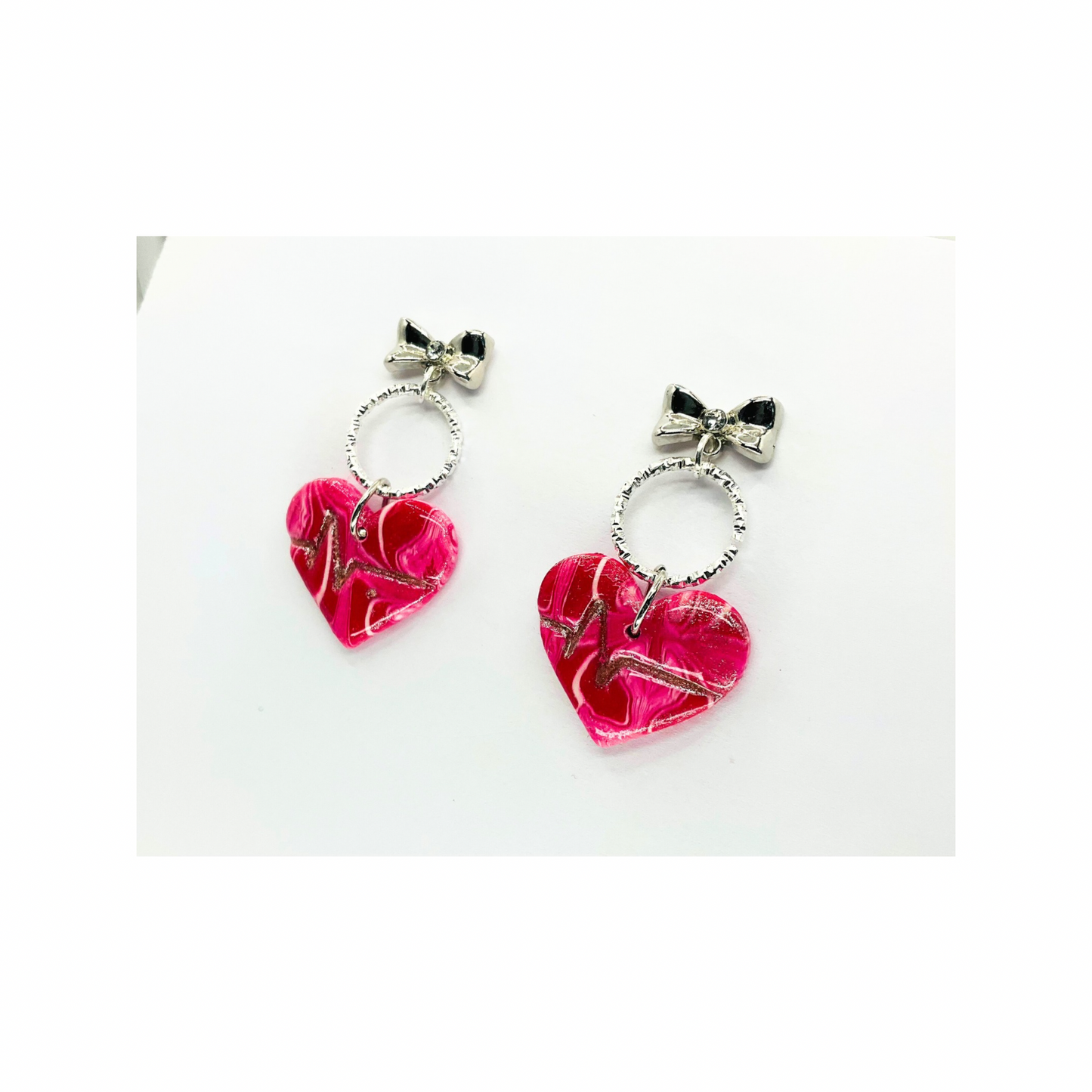 Earrings Featuring Marble Pink Silver Heart with Round Loop and Silver Bow Stud Earrings